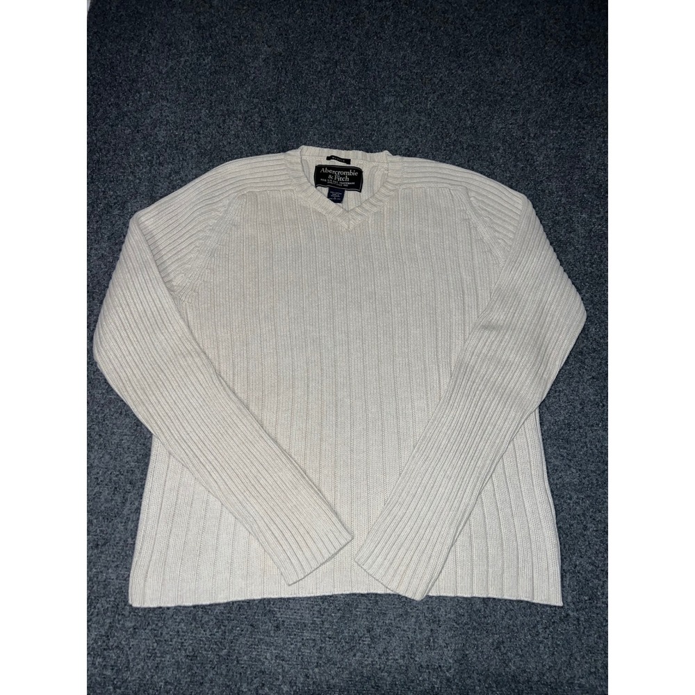 Abercrombie & Fitch Muscle Fit V-Neck Ribbed Cotton Sweater Cream White Large
